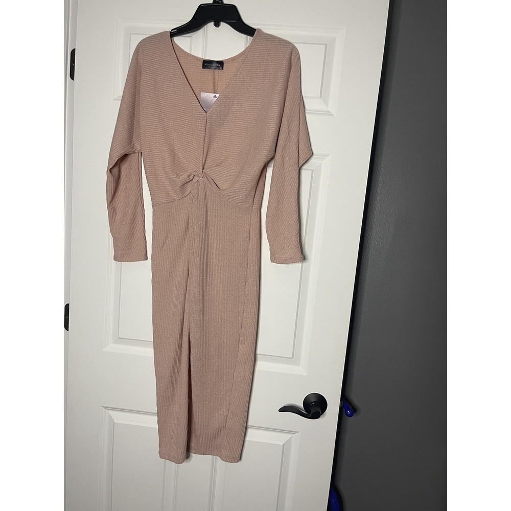 Maverick the collection Ribbed Knit Twist Front Midi Dress Medium  mauve nwt
